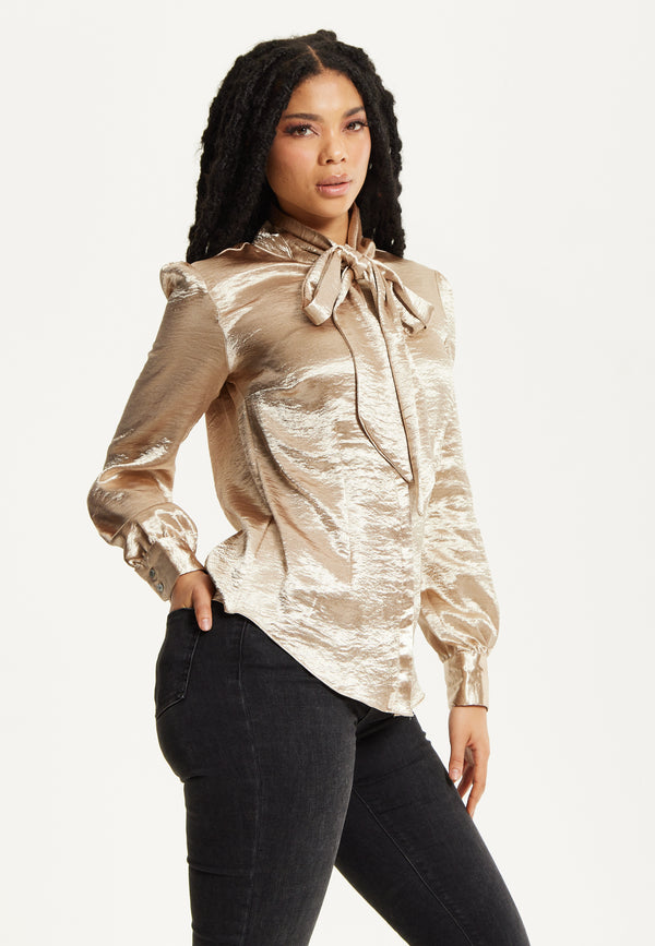 Liquorish Gold Satin Bow Blouse