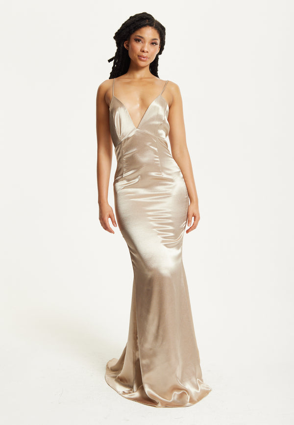 Liquorish Gold Satin Plunge Maxi Dress