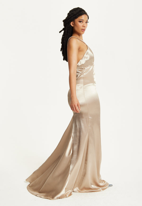 Liquorish Gold Satin Plunge Maxi Dress