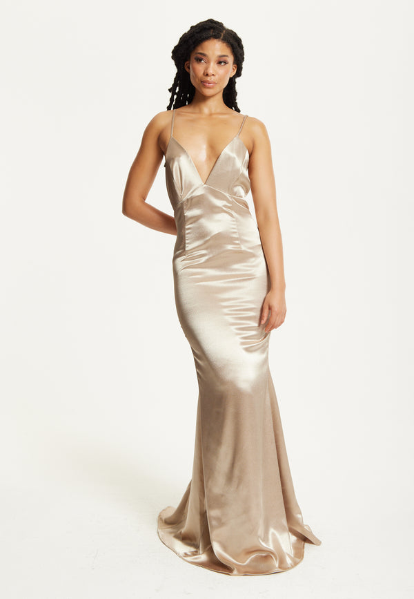 Liquorish Gold Satin Plunge Maxi Dress