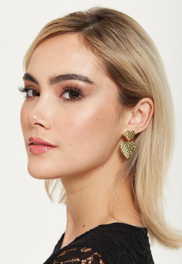 Liquorish Gold Textured Double Heart Earrings