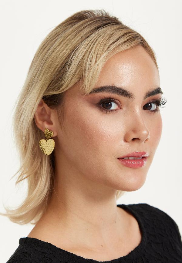 Liquorish Gold Textured Double Heart Earrings