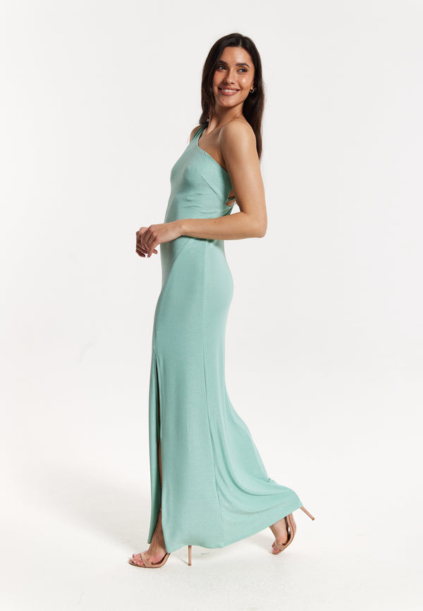 Liquorish Green Lurex One Shoulder Maxi Dress