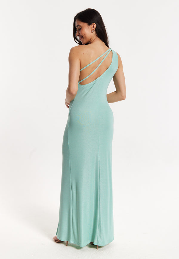 Liquorish Green Lurex One Shoulder Maxi Dress