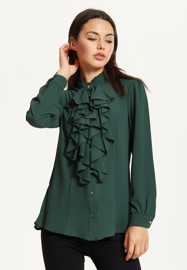 Liquorish Green Ruffle Front Long Sleeve Blouse