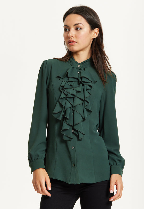 Liquorish Green Ruffle Front Long Sleeve Blouse