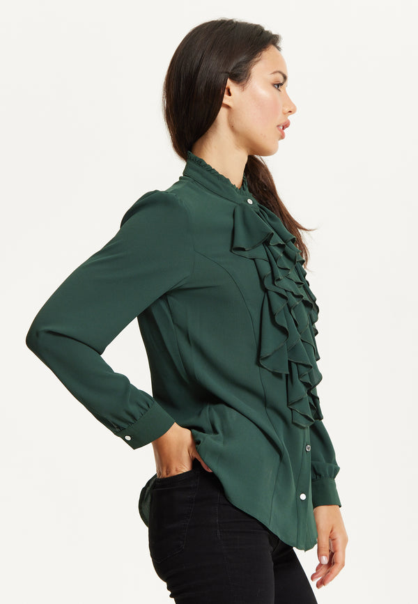 Liquorish Green Ruffle Front Long Sleeve Blouse