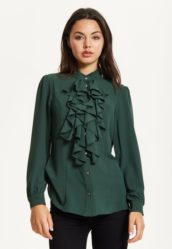 Liquorish Green Ruffle Front Long Sleeve Blouse