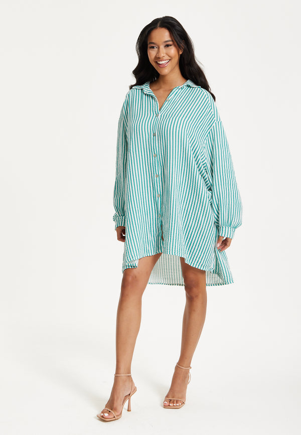 Liquorish Green Striped Oversized Shirt Dress