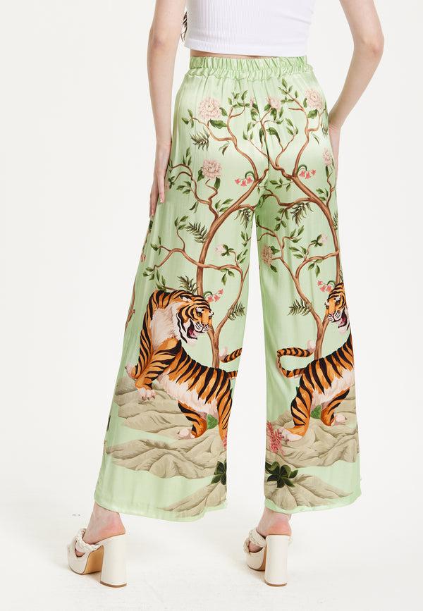 Liquorish Green Tiger Print Wide Leg Trousers