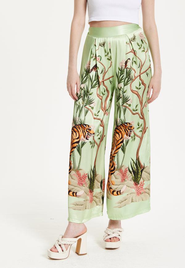 Liquorish Green Tiger Print Wide Leg Trousers