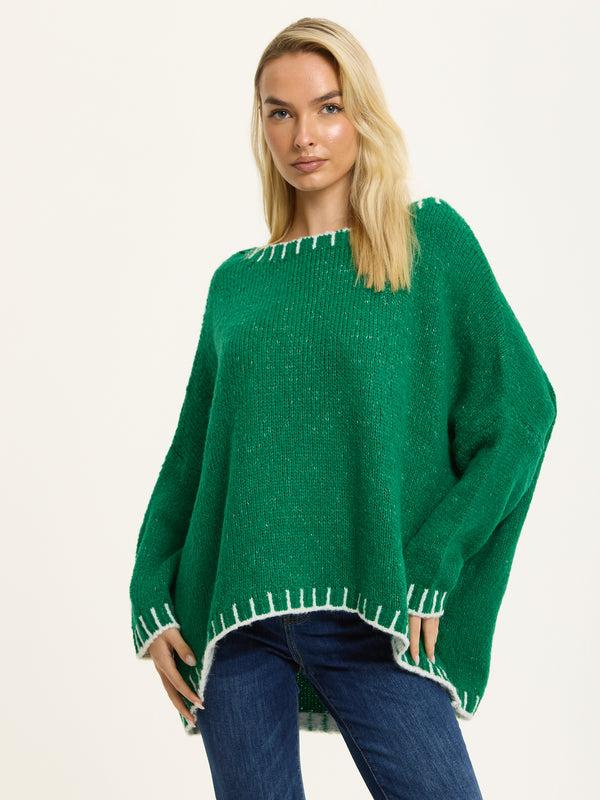 Liquorish Green Wool Blend Jumper White Trim