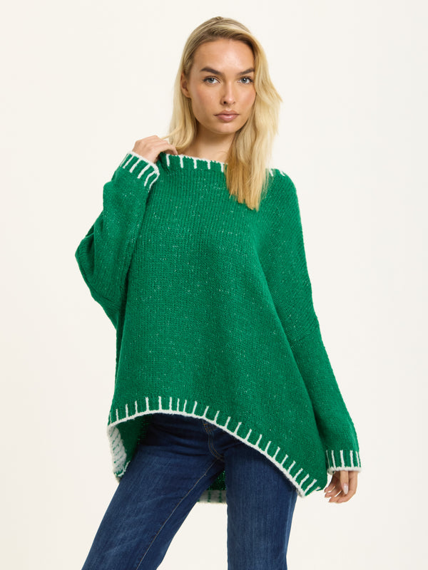 Liquorish Green Wool Blend Jumper White Trim