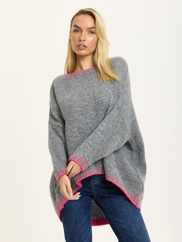 Liquorish Grey Wool Blend Jumper Neon Pink Trim