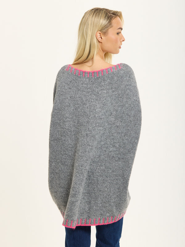 Liquorish Grey Wool Blend Jumper Neon Pink Trim