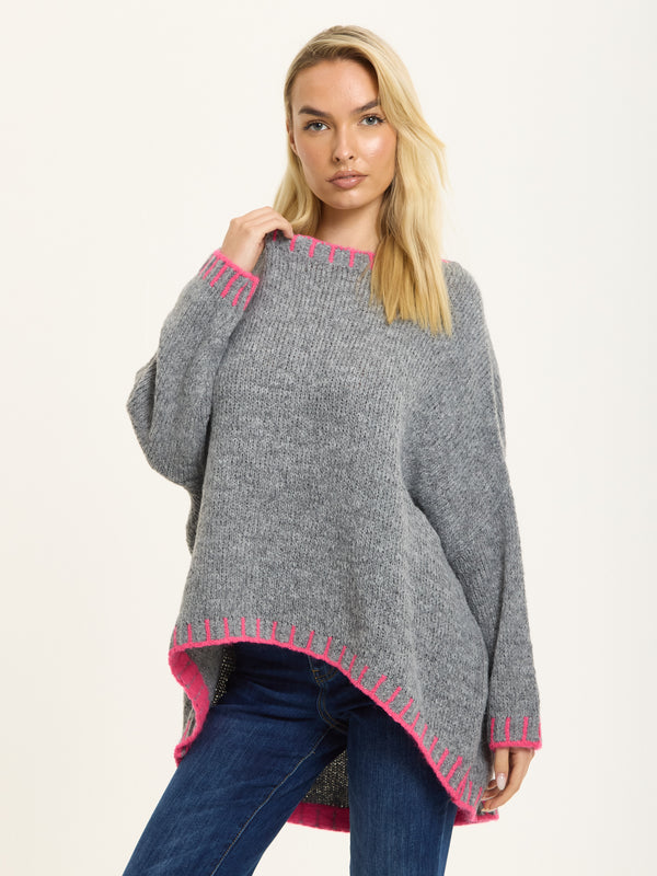 Liquorish Grey Wool Blend Jumper Neon Pink Trim