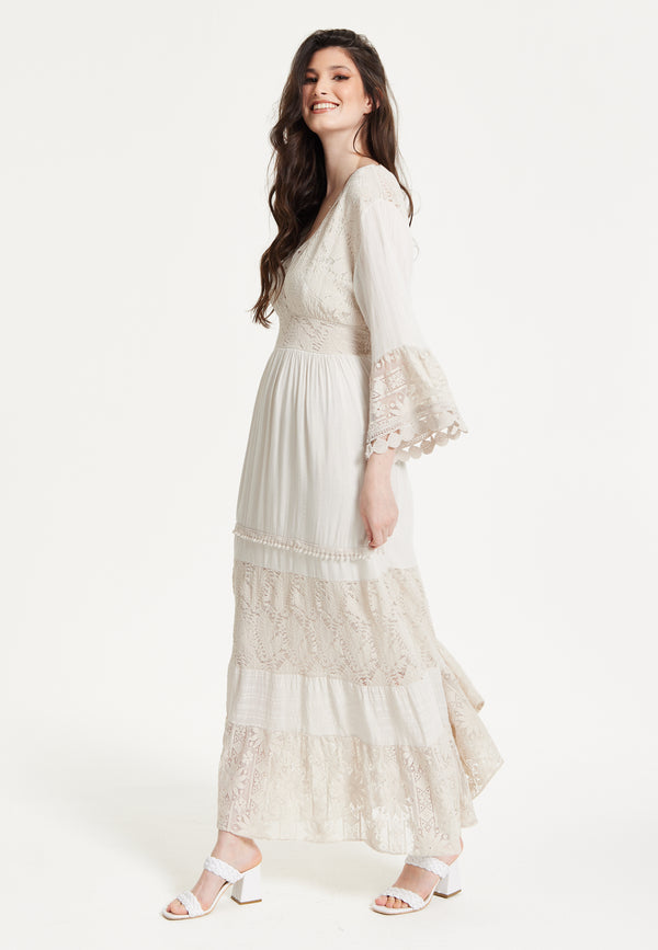 Liquorish Ivory Boho Maxi Dress With Lace Trim