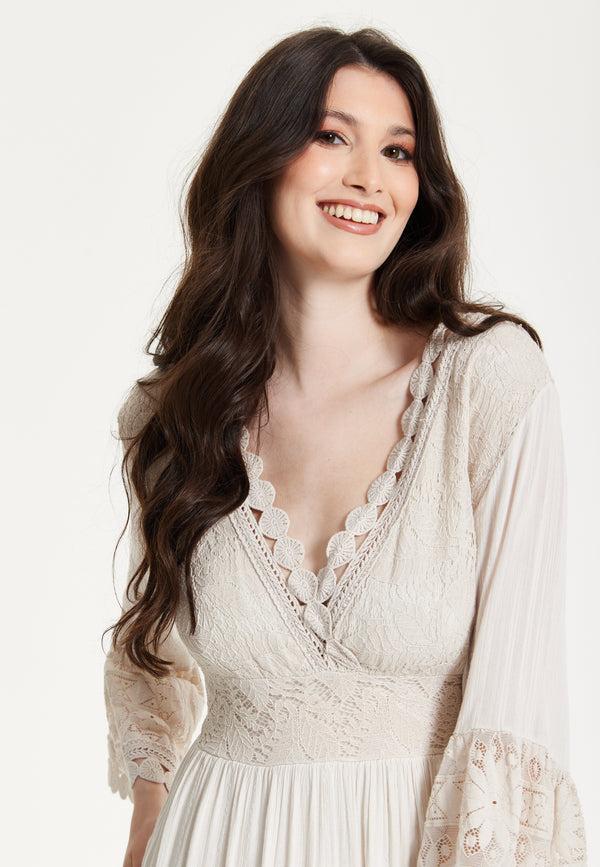 Liquorish Ivory Boho Maxi Dress With Lace Trim