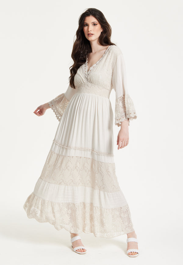 Liquorish Ivory Boho Maxi Dress With Lace Trim