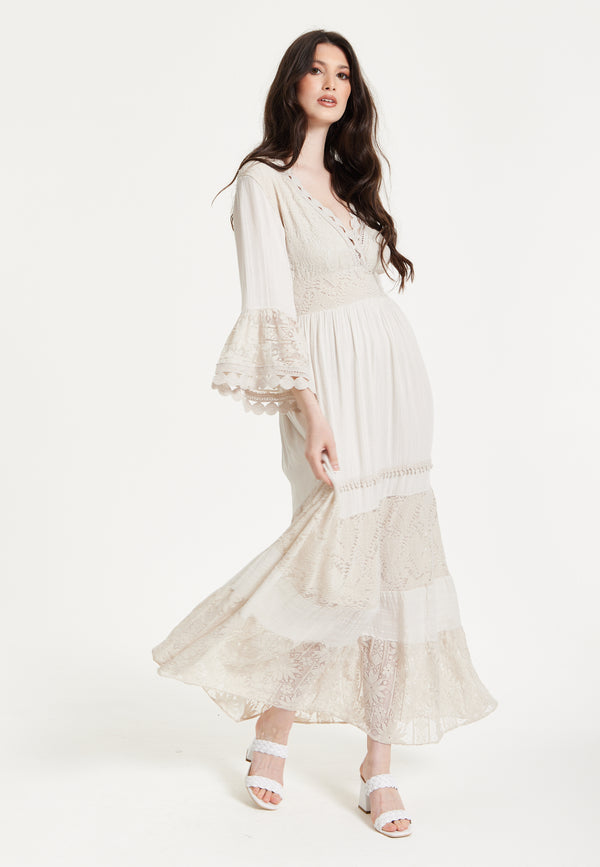Liquorish Ivory Boho Maxi Dress with Lace Trim