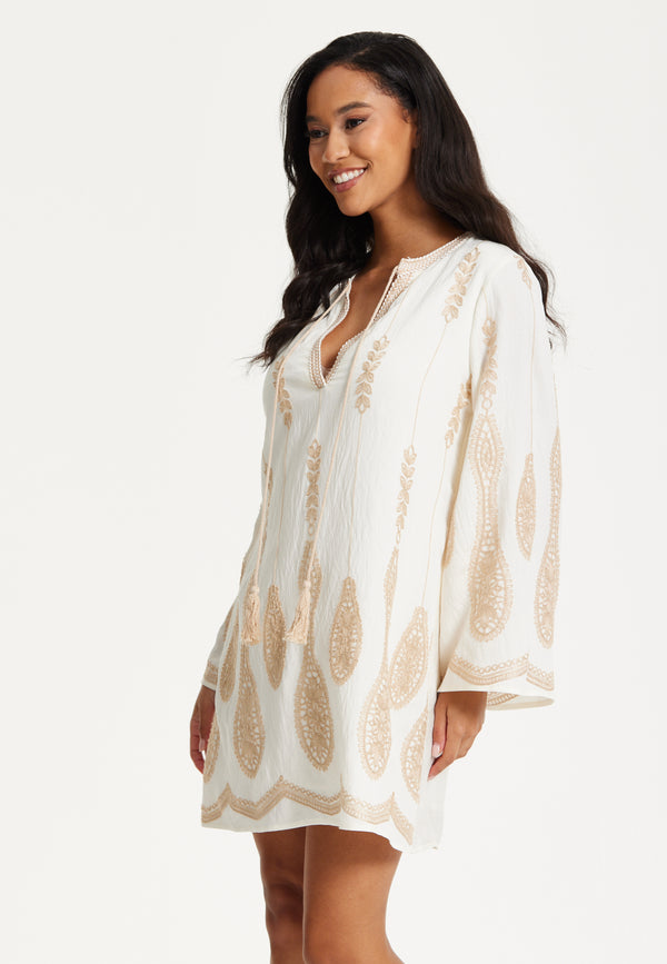 Liquorish Ivory Embroidered Long Sleeve Dress