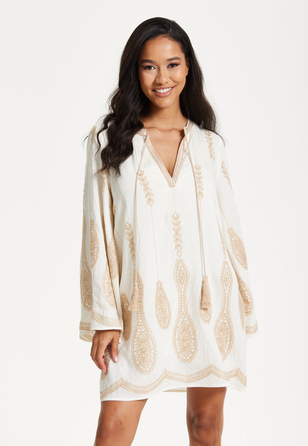 Liquorish Ivory Embroidered Long Sleeve Dress