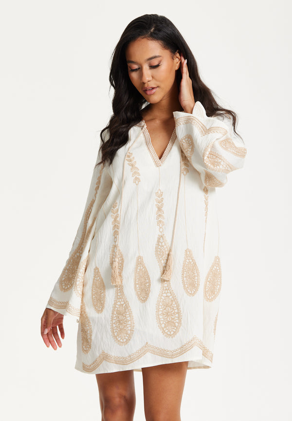 Liquorish Ivory Embroidered Long Sleeve Dress