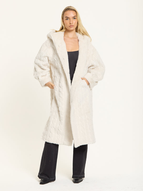 Liquorish Ivory Hooded Faux Fur Coat