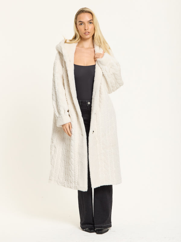Liquorish Ivory Hooded Faux Fur Coat