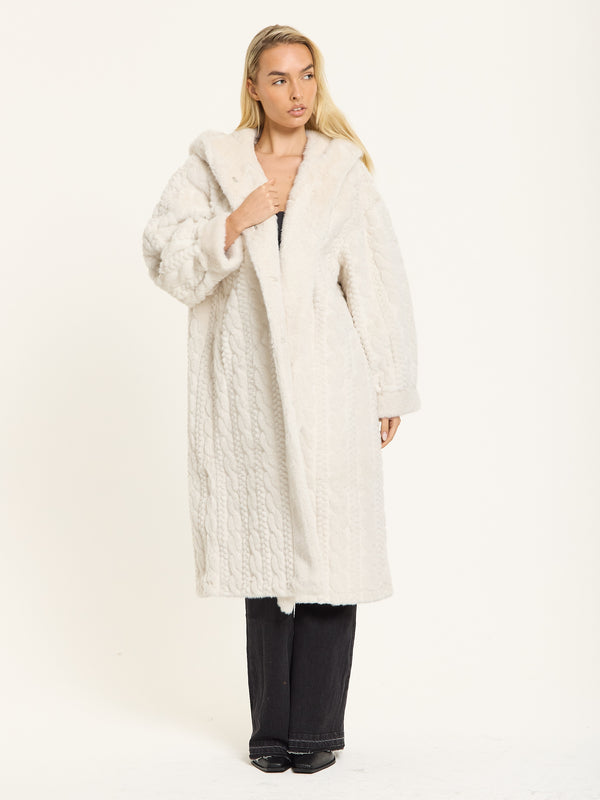 Liquorish Ivory Hooded Faux Fur Coat