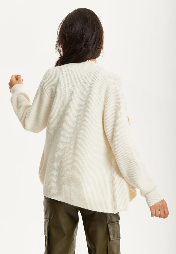 Liquorish Ivory Wool Blend Pearl Trim Cardigan