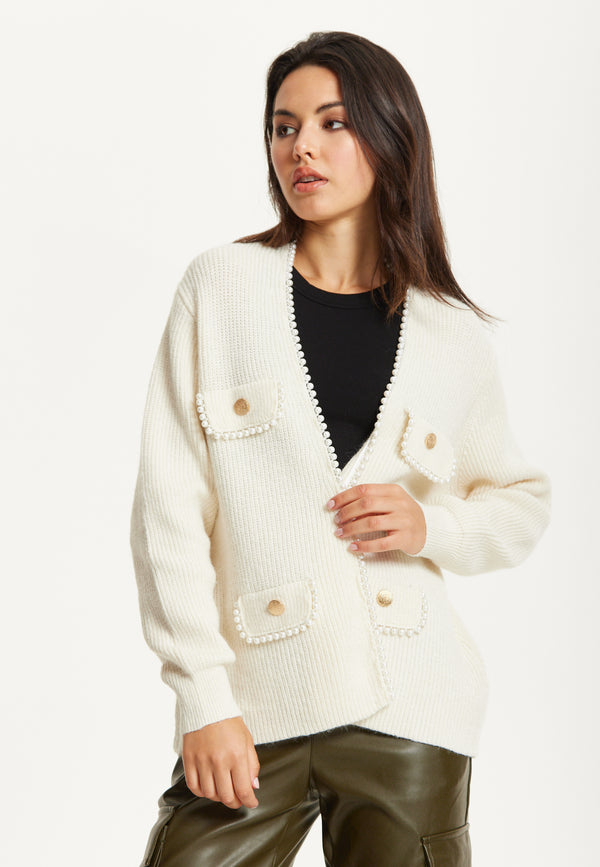 Liquorish Ivory Wool Blend Pearl Trim Cardigan