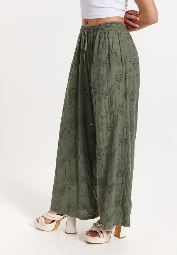 Liquorish Khaki Embroidered Wide Leg Trousers