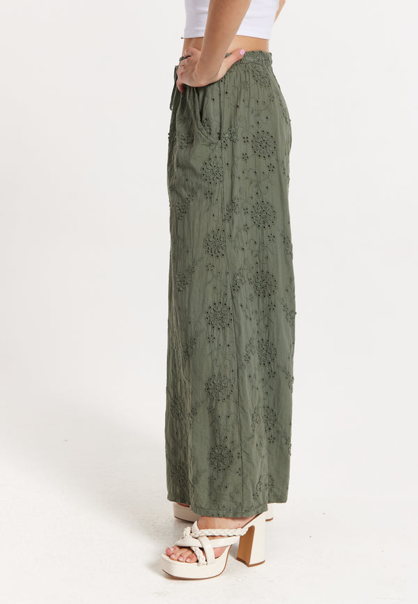 Liquorish Khaki Embroidered Wide Leg Trousers