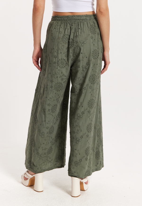 Liquorish Khaki Embroidered Wide Leg Trousers