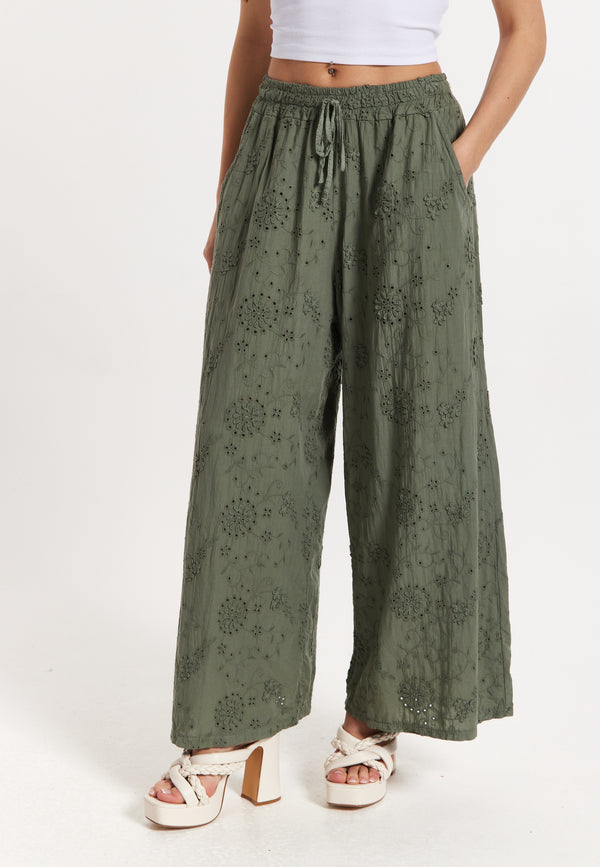 Liquorish Khaki Embroidered Wide Leg Trousers