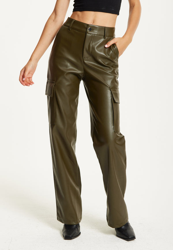 Liquorish Khaki Faux Leather Cargo Trousers