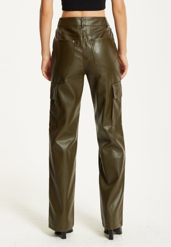 Liquorish Khaki Faux Leather Cargo Trousers