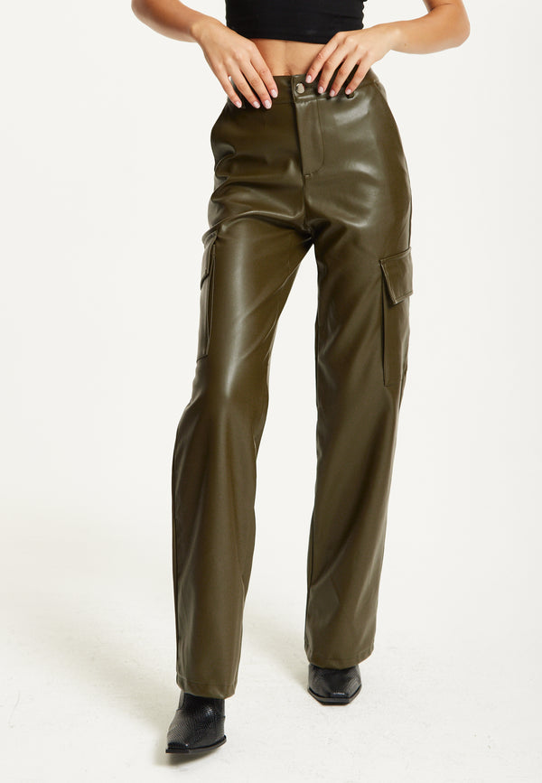 Liquorish Khaki Faux Leather Cargo Trousers