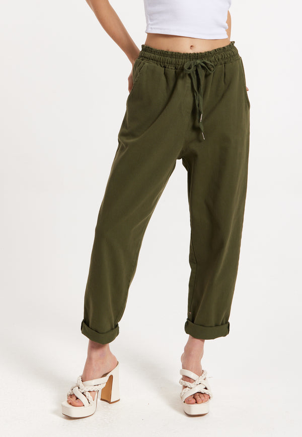 Liquorish Khaki Jogger Pants With Drawstring Waist