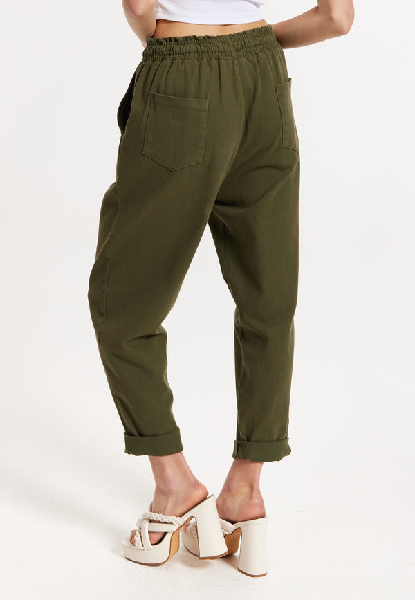 Liquorish Khaki Jogger Pants With Drawstring Waist