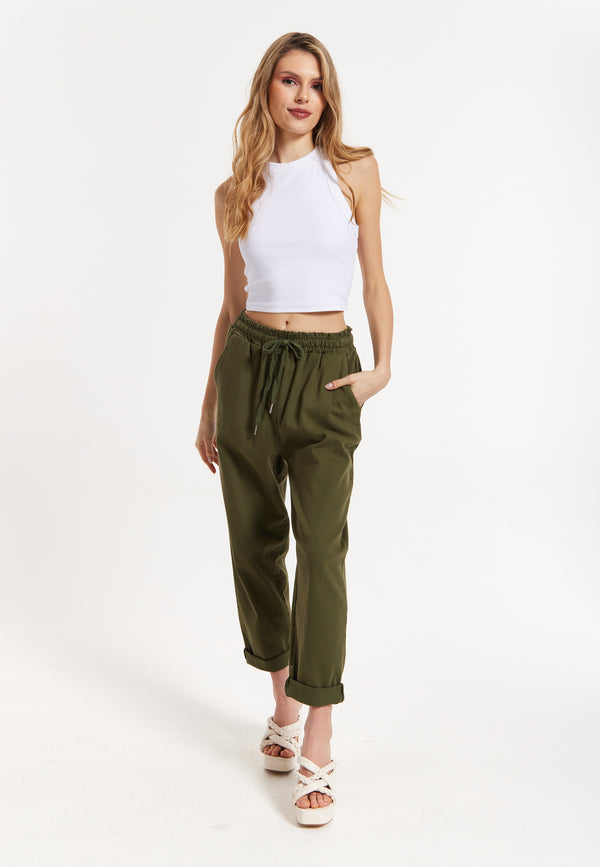 Liquorish Khaki Jogger Pants with Drawstring Waist
