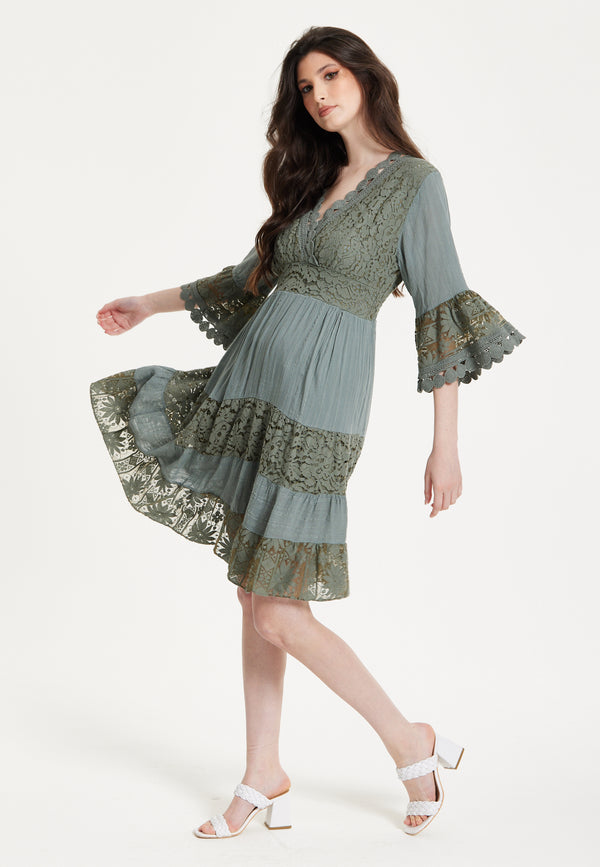 Liquorish Khaki Lace Trim Casual Dress
