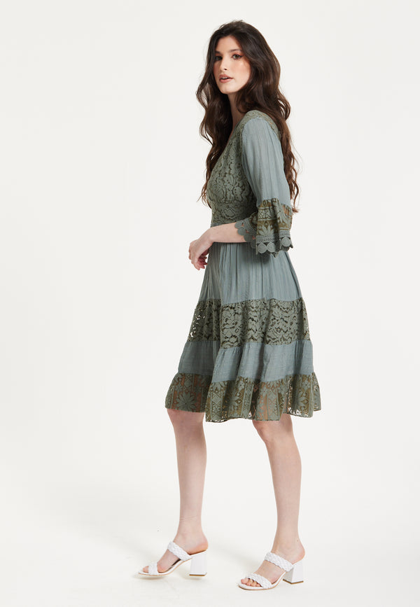 Liquorish Khaki Lace Trim Casual Dress
