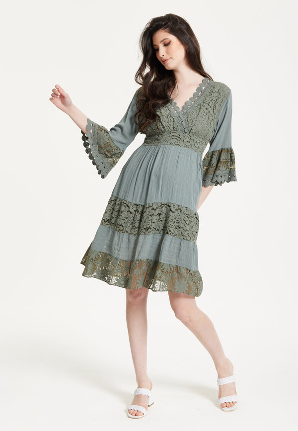 Liquorish Khaki Lace Trim Casual Dress
