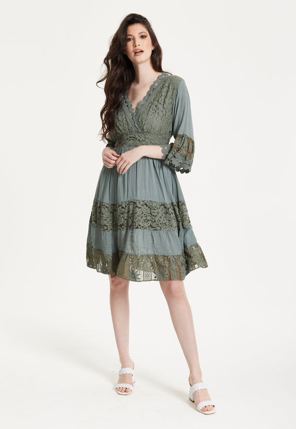 Liquorish Khaki Lace Trim Casual Dress