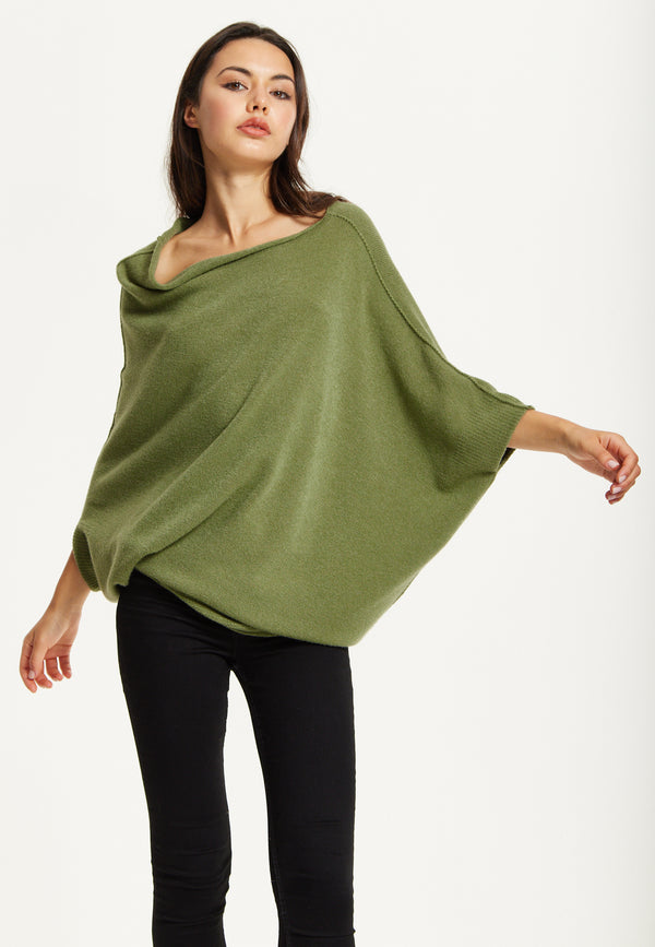 Liquorish Khaki Off-Shoulder Knit Poncho Top