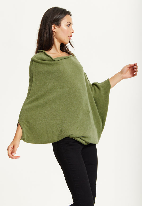 Liquorish Khaki Off-Shoulder Knit Poncho Top