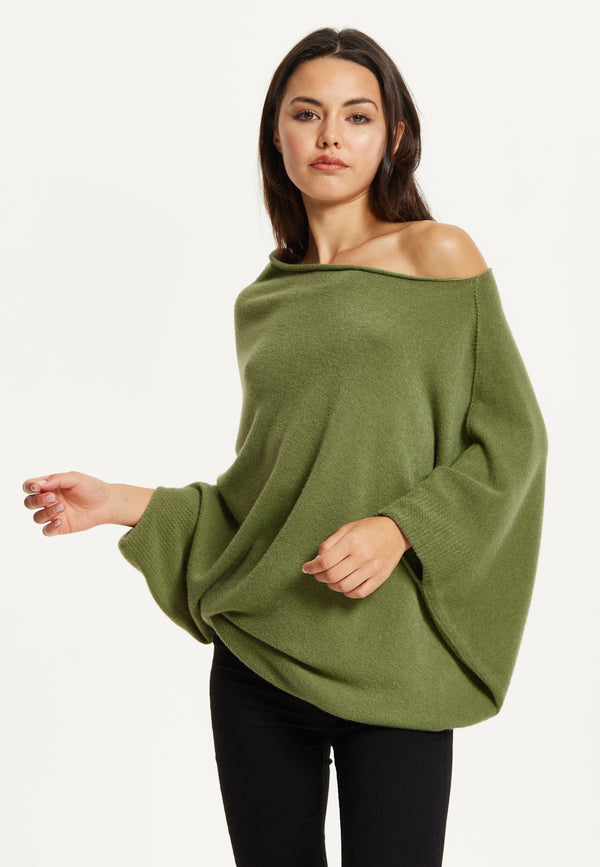 Liquorish Khaki Off-Shoulder Knit Poncho Top