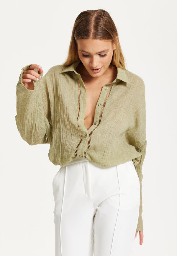 Liquorish Khaki Sheer Relaxed Fit Shirt